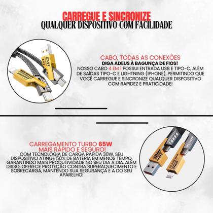 Imagem de Cabo 4 em 1 Reforçado 65W Turbo com Conectores Lightning, Tipo-C e USB-A  Compatível com iPhone