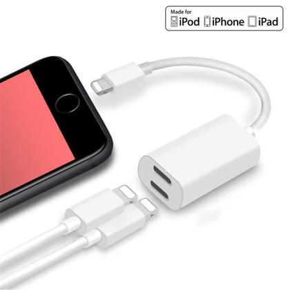 Imagem de Cabo Adaptador 2 em 1 Duplo para iPhone/iPad Conector Lightning Branco - Carregador e Fone de Ouvido