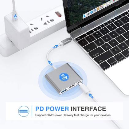Imagem de Cabo Adaptador 3 em 1 Conversor USB Tipo-C para HDMI + USB 3.0 + Tipo C