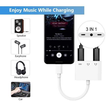 Imagem de Cabo Adaptador 3 em 1 Duplo Android USB C Type C Branco - Carregador e Fone de Ouvido