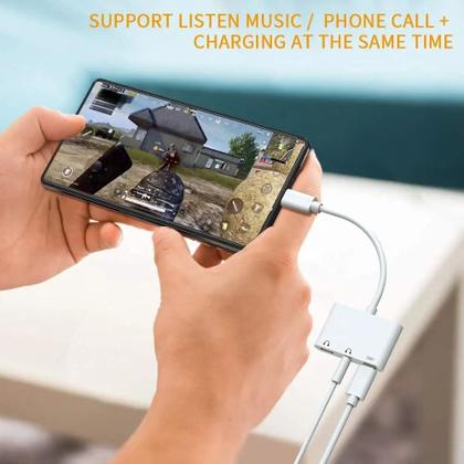 Imagem de Cabo Adaptador 3 em 1 Duplo Android USB C Type C Branco - Carregador e Fone de Ouvido