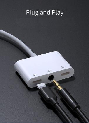 Imagem de Cabo Adaptador 3 em 1 iPhone Lightning Entrada Fone Duplo Branco - Carregador e Fone de Ouvido