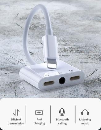 Imagem de Cabo Adaptador 3 em 1 iPhone Lightning Entrada Fone Duplo Branco - Carregador e Fone de Ouvido