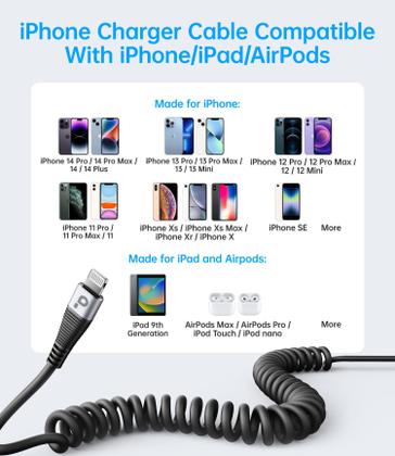 Imagem de Cabo carregador para carro PRAKIE Coiled Lightning Cable, pacote com 2 unidades de 3 pés/5 pés