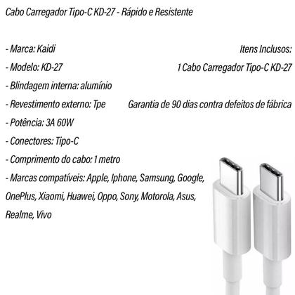 Imagem de Cabo Carregador Turbo Entrada Saída Tipo C x Tipo C PD 60W Carregamento Rápido Resistente Kaidi KD27