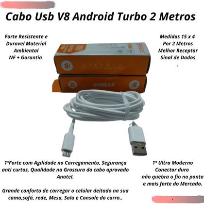Imagem de Cabo Carregador Usb Turbo V8 Android Antigo Forte 2 Metros Cor Branco