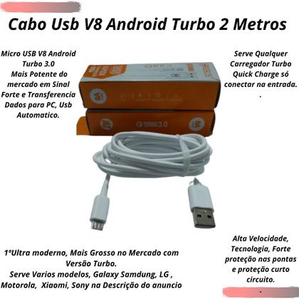 Imagem de Cabo Carregador Usb Turbo V8 Android Antigo Forte 2 Metros Cor Branco