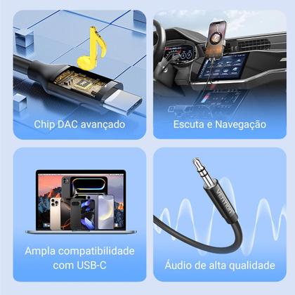 Imagem de Cabo Celular Tipo C para Auxiliar P2 Carro Som 1m Vention