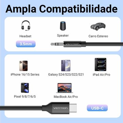 Imagem de Cabo Celular Tipo C para Auxiliar P2 Carro Som 1m Vention