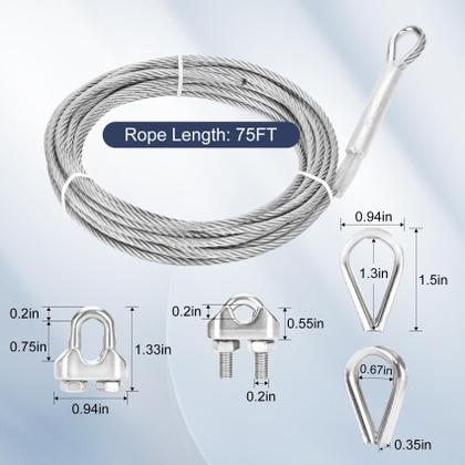 Imagem de Cabo de aço Marioca 1/4 de polegada 75 pés com fios 7X19 2903 kg