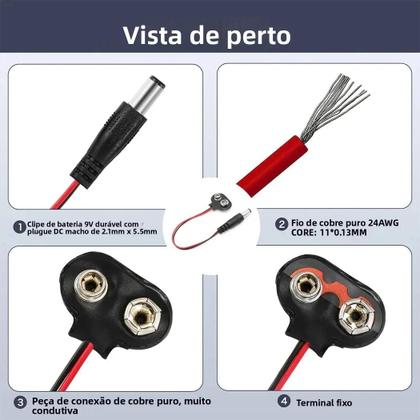 Imagem de Cabo De Alimentação De Bateria 9V DC Com Conector Plug Clip Barrel Jack Para Arduino Uno R3 Mega