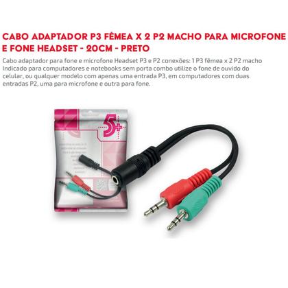 Imagem de Cabo De Áudio Adaptador P3 Fêmea x 2 P2 Macho para Microfone Fone Headset 20cm