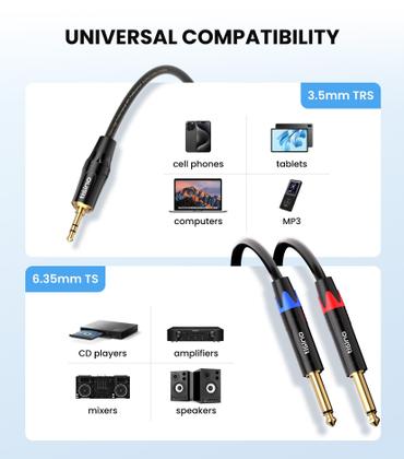 Imagem de Cabo de conexão 1/8 RTS estéreo para divisor duplo 1/4 TS Mono Y de 1 m