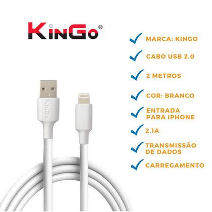Imagem de Cabo De Dados USB Lightning 2.1A 2 Metros Branco Kingo