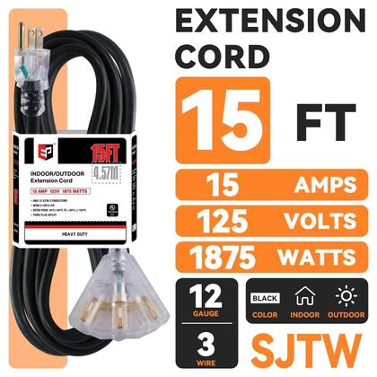 Imagem de Cabo de extensão EP 15 pés 12 calibre 12 Heavy Duty 15A 125V 1875W