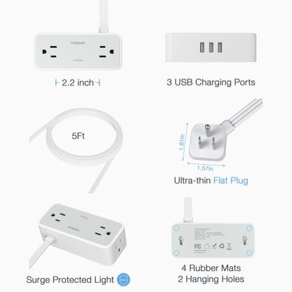 Imagem de Cabo de extensão TESSAN Ultra Thin de 1,5 m com protetor contra sobretensão de 4 saídas
