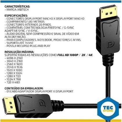 Imagem de Cabo Displayport 14 4k 144hz Adaptador Dp Blindado 1,5m 3 D Ultra Hd Pontas Gold Display Port