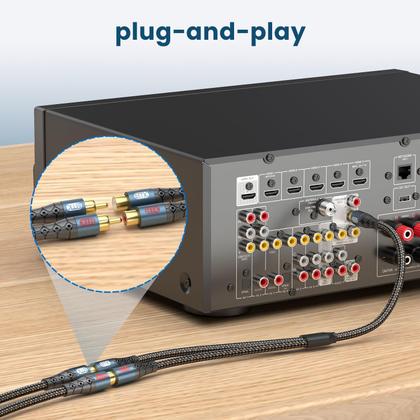 Imagem de Cabo divisor RCA EMK, 1 macho para 2 fêmeas, 30 cm, nylon trançado