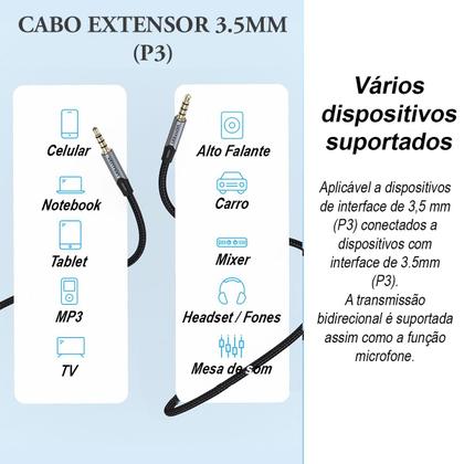 Imagem de Cabo Extensor Áudio Fone Microfone Stereo P3 x P3 3.5mm 0,5m