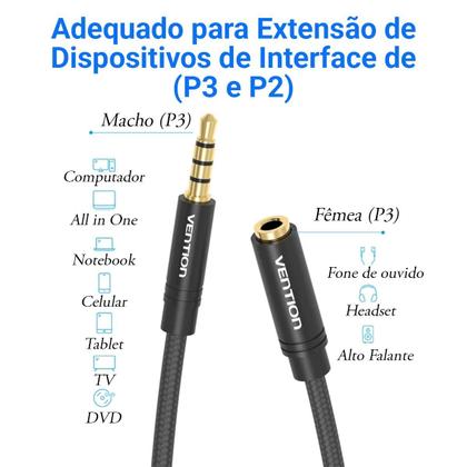 Imagem de Cabo Extensor Áudio P3 Fone Microfone Computador Vention 3m