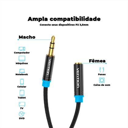 Imagem de Cabo Extensor Extensao P2 Macho Femea Fone Audio 3m Vention