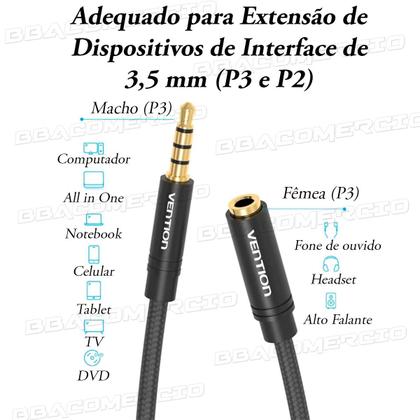 Imagem de Cabo extensor P3 Macho p/ P3 fêmea Fone Microfone Lapela 2m