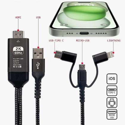 Imagem de Cabo HDMI 3 em 1 Tipo-C Lightning MicroUSB/V8 TV/Projetor