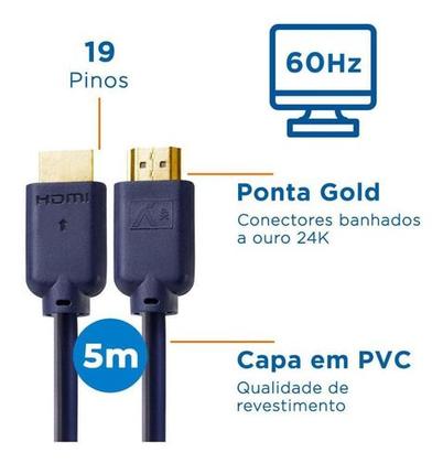 Imagem de Cabo Hdmi 5 Metros 2.0 4k Blindado Ponta Ouro Alta Performace Tvs Games Som Original Aquário 3 Anos de Garantia