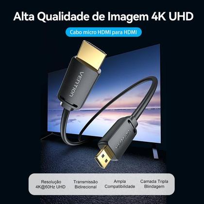 Imagem de Cabo Micro HDMI x HDMI Vention Câmeras Notebook Monitor 1,5m