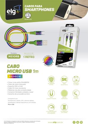 Imagem de Cabo Micro USB, Sincronização e Recarga 12W 2.4A, Nylon Trançado Rainbow, 1 metro, Multicolorido, M510RB, ELG