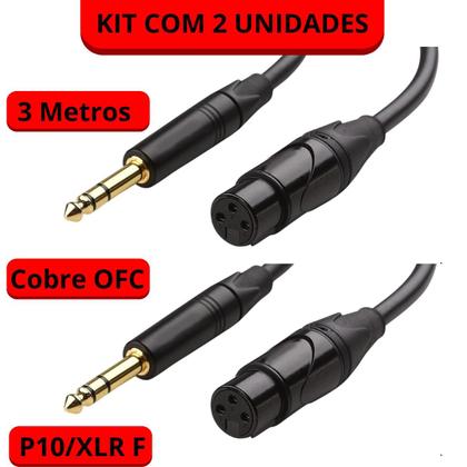 Imagem de Cabo P10 Stereo XLR Femea 3 Metros Cobre Ofc Kit 2 Un