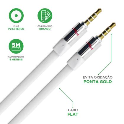 Imagem de Cabo P2 + P2 Flat Estéreo 100% cobre Profissional - 5 Metros