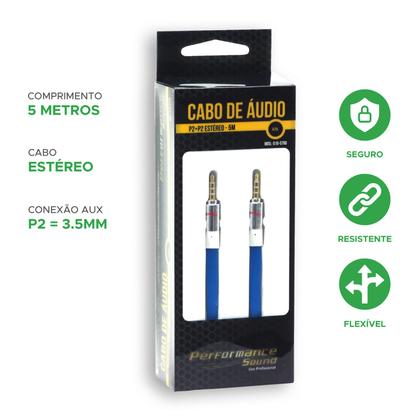 Imagem de Cabo P2 + P2 Flat Estéreo 100% cobre Profissional - 5 Metros
