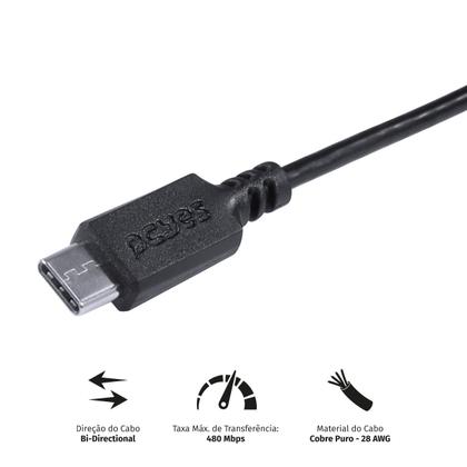 Imagem de Cabo para Celular Smartphone USB a 2.0 para USB Tipo C para 2 Metros Preto - PUACP-02