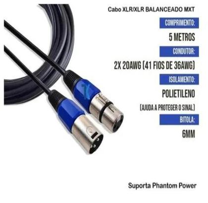 Imagem de Cabo para Microfone 5 Metros MXT  Balanceado XLR fêmea x XLR macho Dmx Xlr Canon 