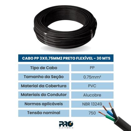 Imagem de Cabo Pp 3x0,75mm2 Preto Flexível - 3 Vias De 0,75 - 30 Mts