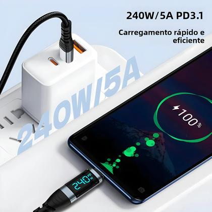 Imagem de Cabo Super Carregador Tipo C Para Tipo C De 240W Com Display Digital, Cabo De Dados USB C De 0,5m-2m