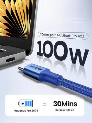 Imagem de Cabo Tipo C para USB C UGREEN PD 100W 20V 5A (2M, Azul) Carregamento Rápido