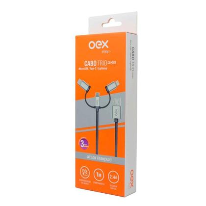 Imagem de Cabo Trio OEX CE301, USB Com Conectores Micro USB, Type-C E Lightning em Nylon Trançado, 1 Metro, Cinza - 487379