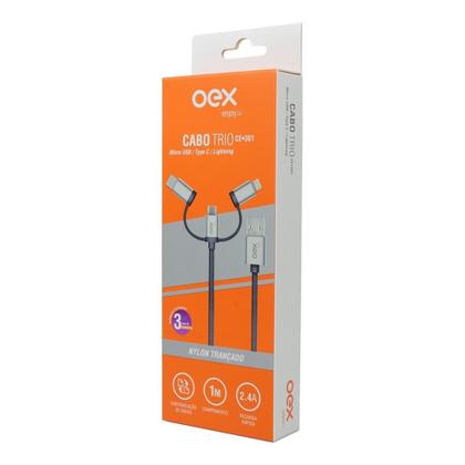 Imagem de Cabo Trio OEX CE301, USB Com Conectores Micro USB, Type-C E Lightning em Nylon Trançado, 1 Metro, Cinza - 487379