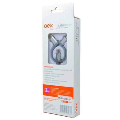 Imagem de Cabo Trio OEX CE301, USB Com Conectores Micro USB, Type-C E Lightning em Nylon Trançado, 1 Metro, Cinza - 487379
