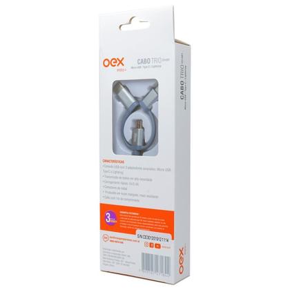 Imagem de Cabo Trio OEX CE301, USB Com Conectores Micro USB, Type-C E Lightning em Nylon Trançado, 1 Metro, Cinza - 487379
