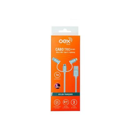 Imagem de Cabo Trio OEX CE301, USB Com Conectores Micro USB, Type-C E Lightning em Nylon Trançado, 1 Metro, Cinza - 500074