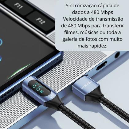 Imagem de Cabo Turbo Usb tipo C 66w 6a Com Visor de Led Transferência de Dados de 480Mbps 2 Metros