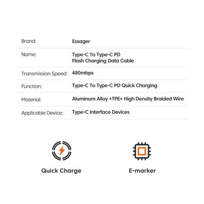 Imagem de Cabo USB-C 60W PD QC 3.0 Fast Charging 3A Nylon 1m Essager