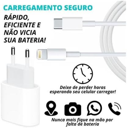 Imagem de Cabo Usb-C-Lightning + Fonte Carregador 20W Turbo Compatível iPhone X Xr SE 11 12 13 14 Premium