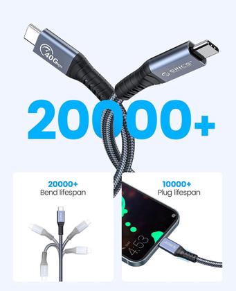 Imagem de Cabo USB-C ORICO 40gbps Thunderbolt 4 8k 60hz PD100w - 2 Metro