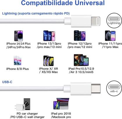 Imagem de Cabo USB-C para Lightning 1 Metro Compativel Iphone Branco, Tipo C Cabo de Carregamento