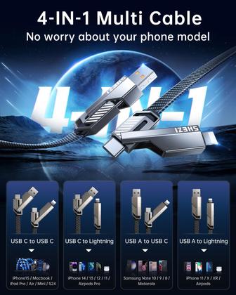 Imagem de Cabo USB C SHEZI 4 em 1 60 W 3 m de nylon trançado para iPhone cinza