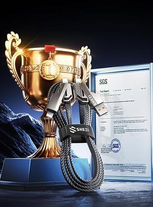 Imagem de Cabo USB C SHEZI 4 em 1 60 W 3 m de nylon trançado para iPhone cinza